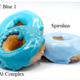 Donut icing made from a synthetic colorant (top), the new P2 compound (bottom left), and spirulina (right).
